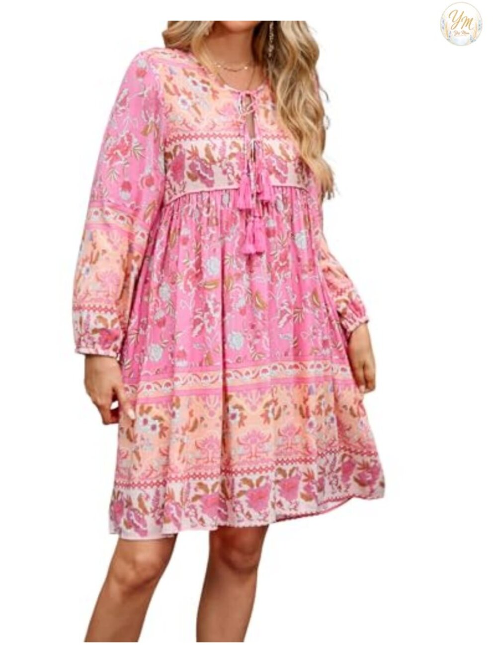 R.Vivimos Womens Long Sleeve Floral Print Tunic Mini Dress